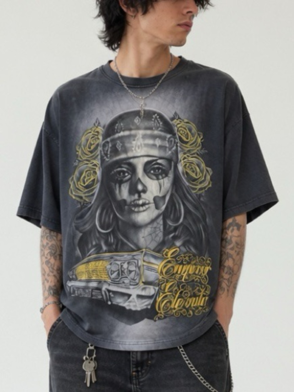 Emperor Eternity Early 2000s Grunge Graphic Tee with Skull and Roses